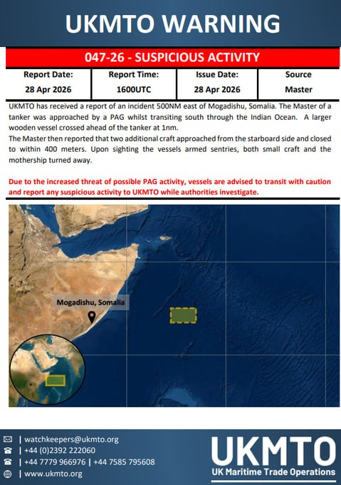 Image in @MarioNawfal's post: 🚨🇸🇴 UK Maritime Trade Operations just issued a warning after a tanker was approached by a Potential…