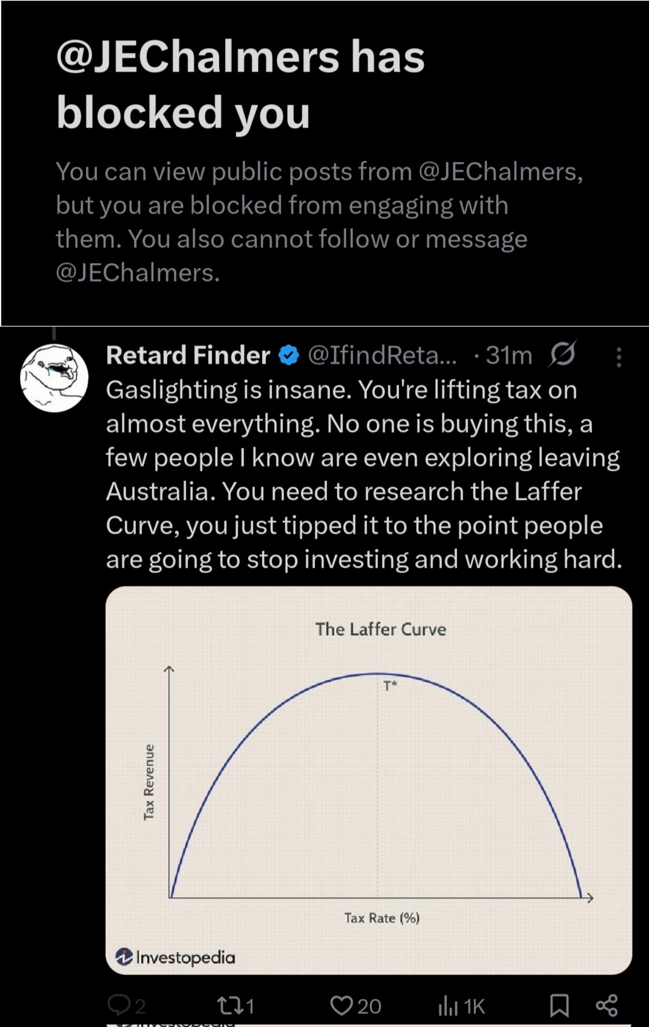 Image in @IfindRetards's post: Wow.
Jim Chalmers just blocked me. It wasn't one of my typical insults either. It was a respectful…
