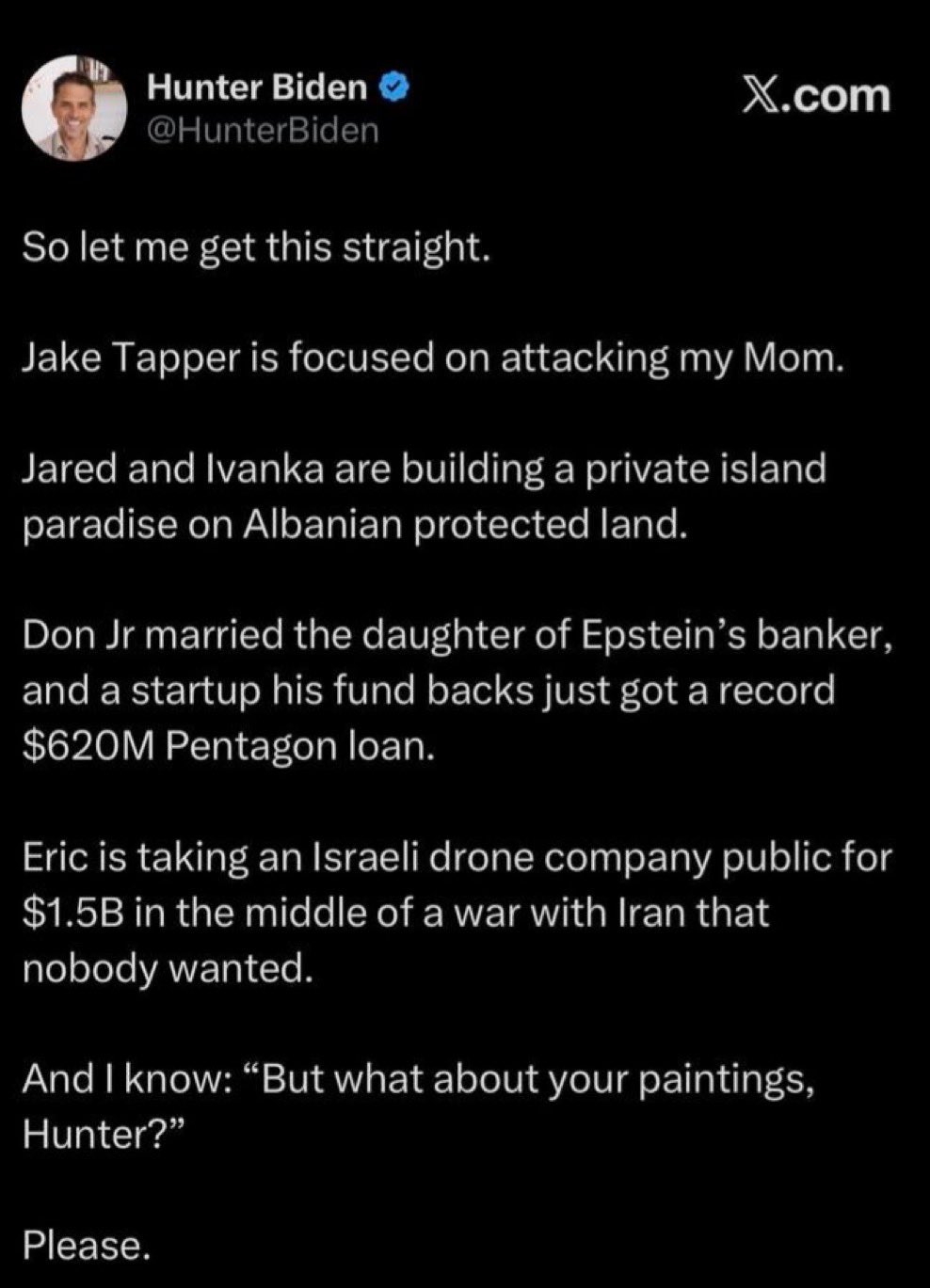 Image in @sneako's post: Hunter Biden for President https://t.co/Vg8esSU5w6