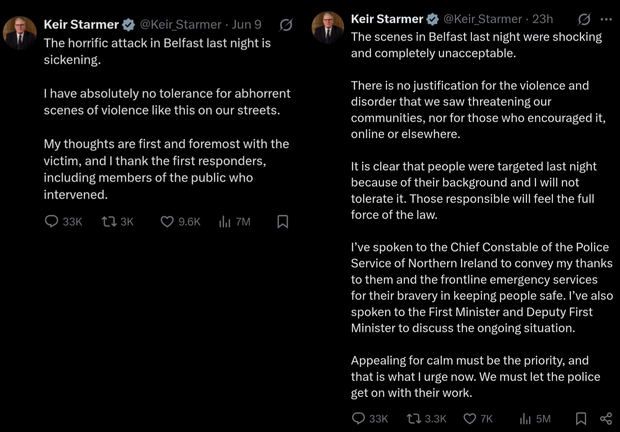 Image in @IfindRetards's post: The left is Keir Starmer's post about the attempted beheading of an Irish man.
The right is Keir S…