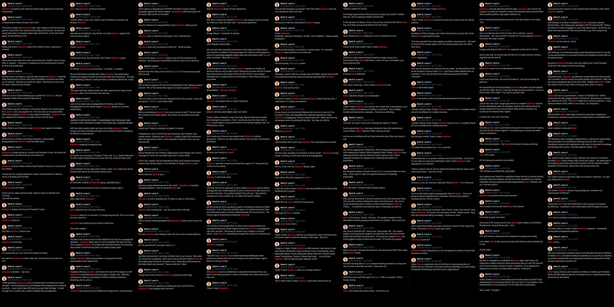 Image in @Wallface's post: Someone asked how often Mark Levin posts about Qatar.
The answer did not fit in one image. It did …