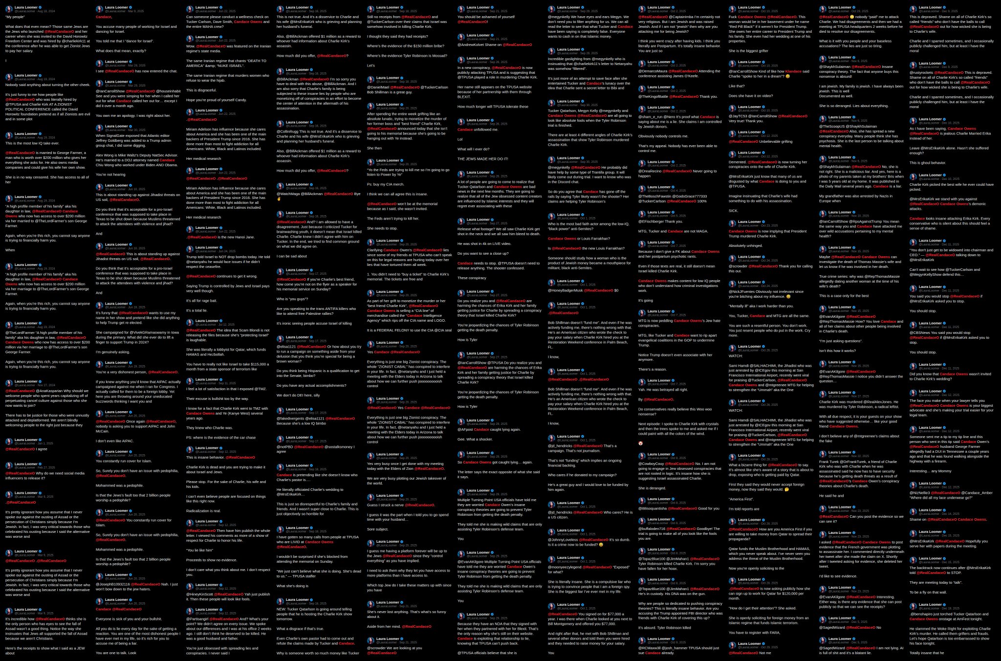 Image in @Wallface's post: here's 591 Laura Loomer posts talking about @RealCandaceO lol. https://t.co/Uo9x7FzSJF