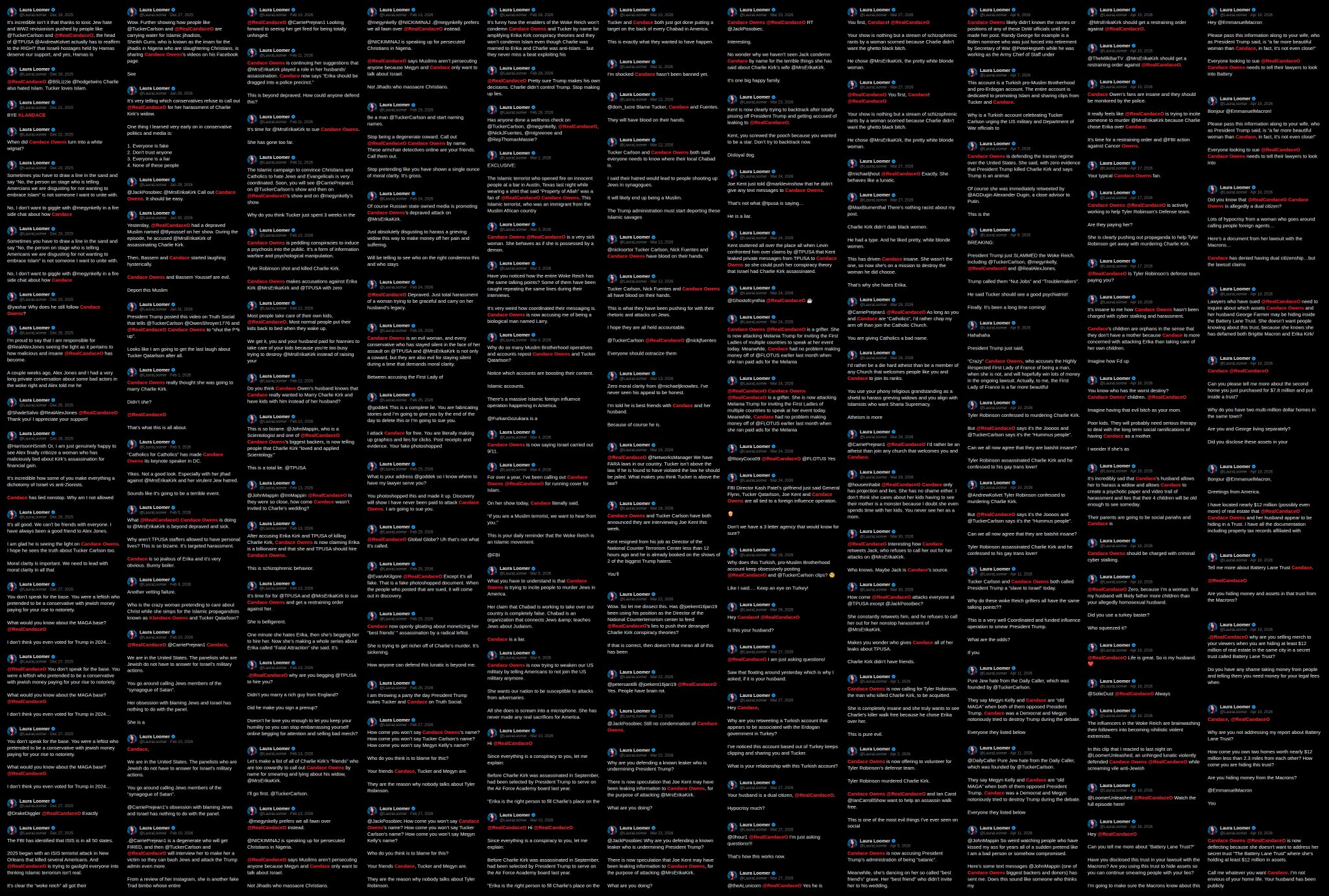 Image in @Wallface's post: here's 591 Laura Loomer posts talking about @RealCandaceO lol. https://t.co/Uo9x7FzSJF