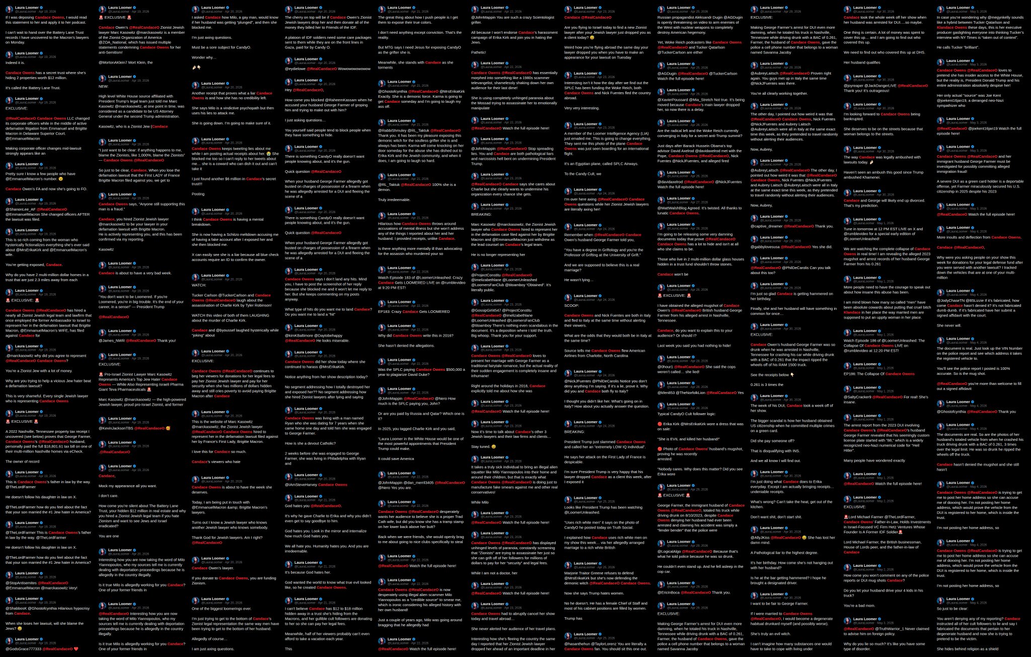 Image in @Wallface's post: here's 591 Laura Loomer posts talking about @RealCandaceO lol. https://t.co/Uo9x7FzSJF