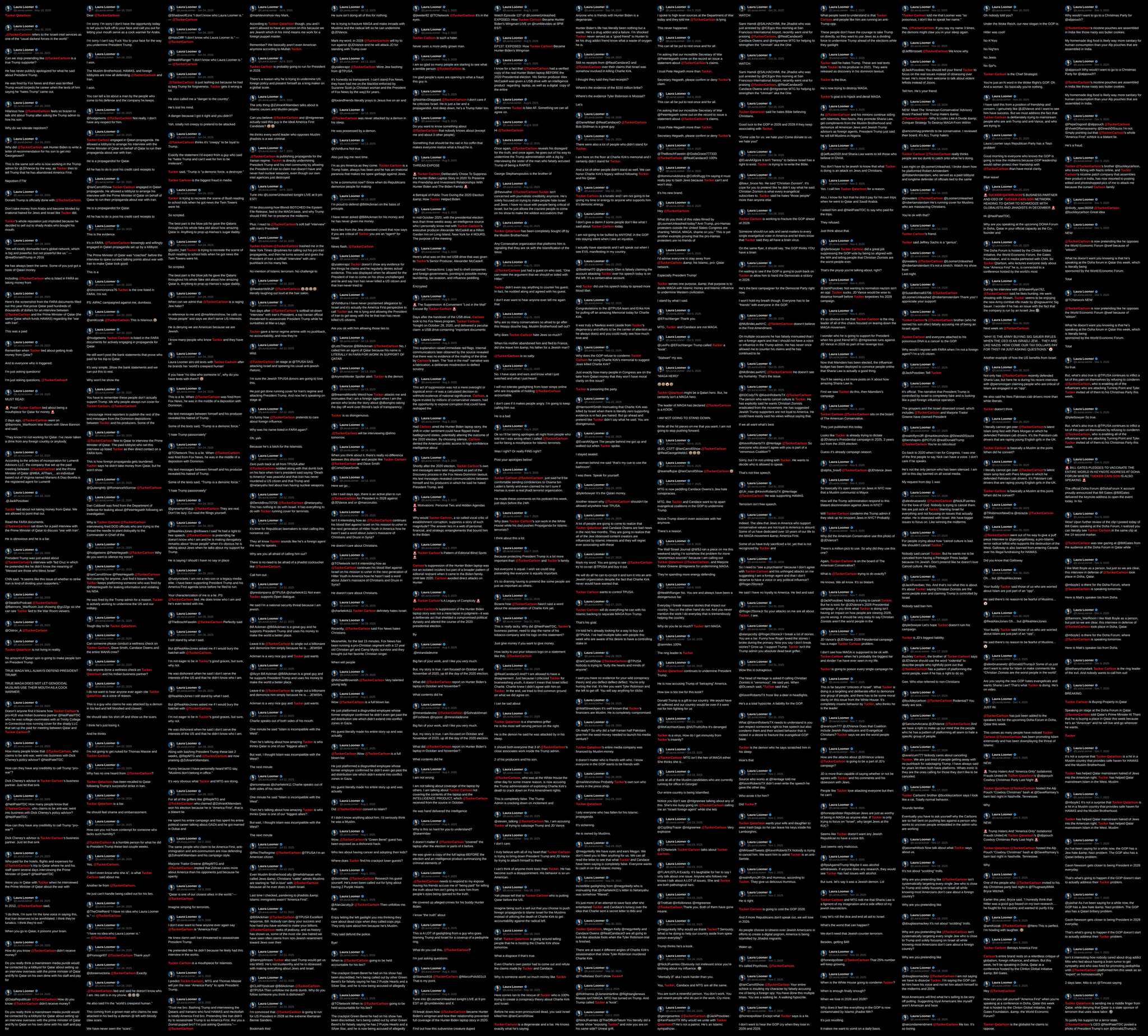 Image in @Wallface's post: Fixation Files vol. 2:
Laura Loomer on @TuckerCarlson. 1,387 posts lol
here's every single one http…