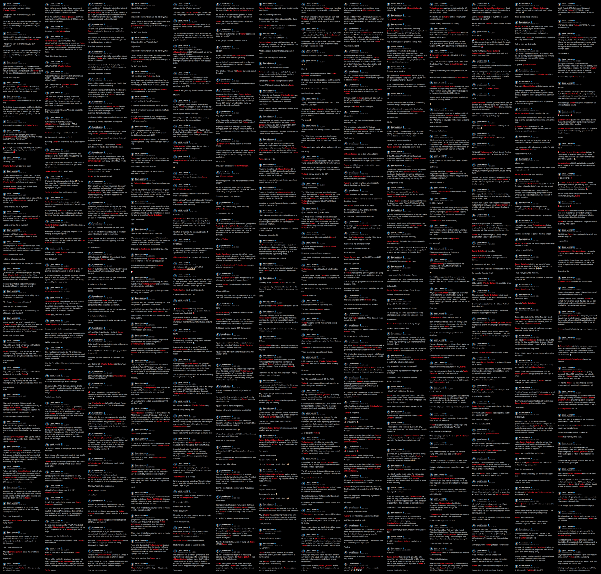 Image in @Wallface's post: Fixation Files vol. 2:
Laura Loomer on @TuckerCarlson. 1,387 posts lol
here's every single one http…