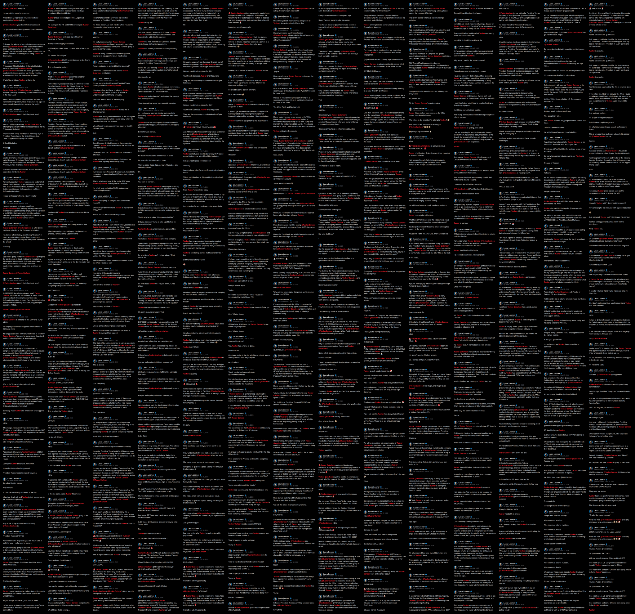 Image in @Wallface's post: Fixation Files vol. 2:
Laura Loomer on @TuckerCarlson. 1,387 posts lol
here's every single one http…