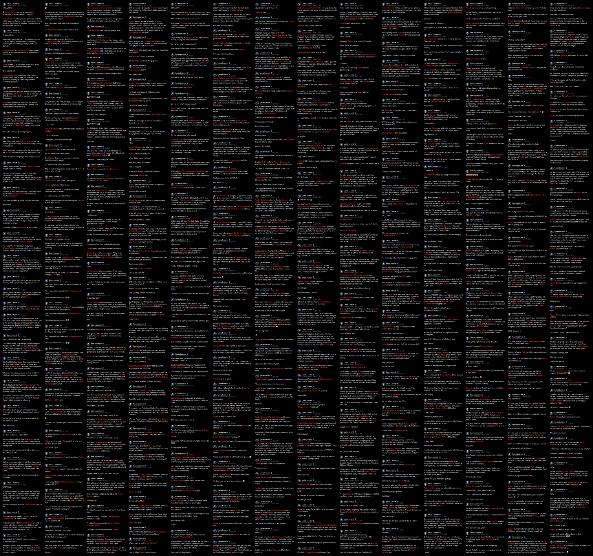 Image in @Wallface's post: Fixation Files vol. 2:
Laura Loomer on @TuckerCarlson. 1,387 posts lol
here's every single one http…