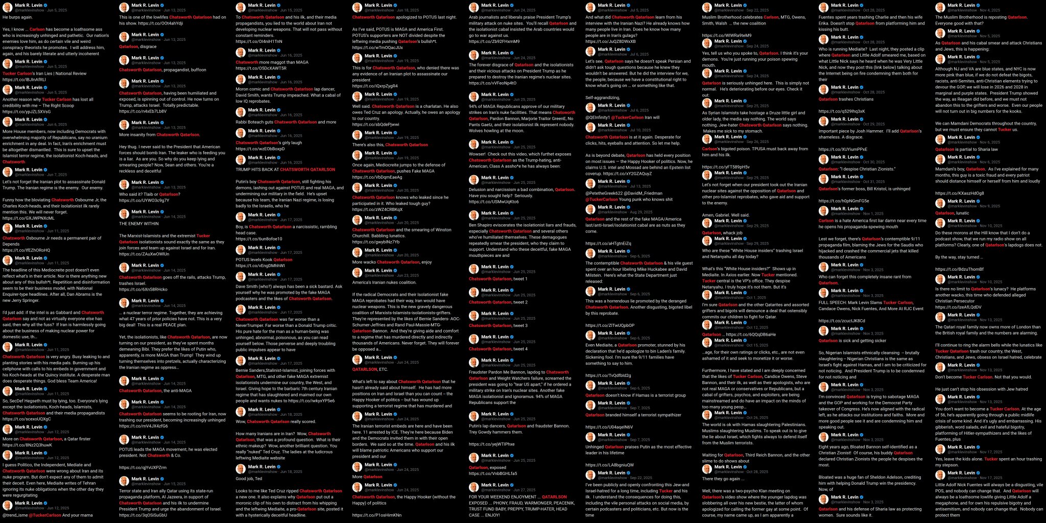 Image in @Wallface's post: 🧵 1/2
Fixation Files:
485 posts from Mark Levin about @TuckerCarlson.
Here’s every single one. htt…