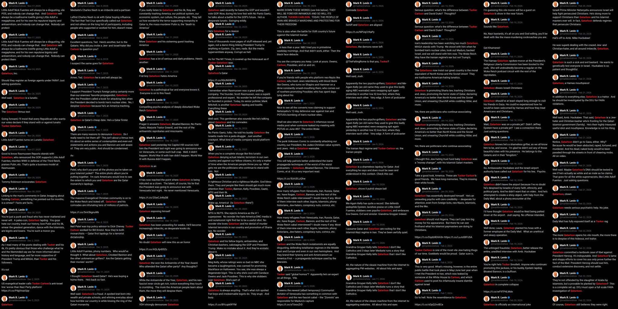 Image in @Wallface's post: 🧵 1/2
Fixation Files:
485 posts from Mark Levin about @TuckerCarlson.
Here’s every single one. htt…