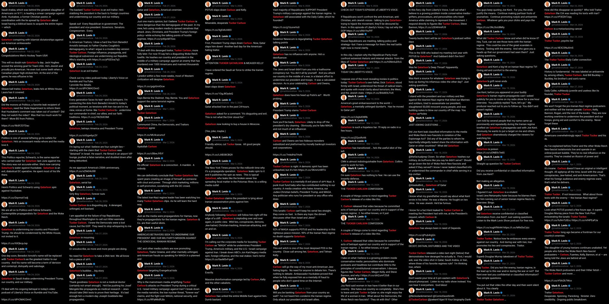 Image in @Wallface's post: 🧵 1/2
Fixation Files:
485 posts from Mark Levin about @TuckerCarlson.
Here’s every single one. htt…