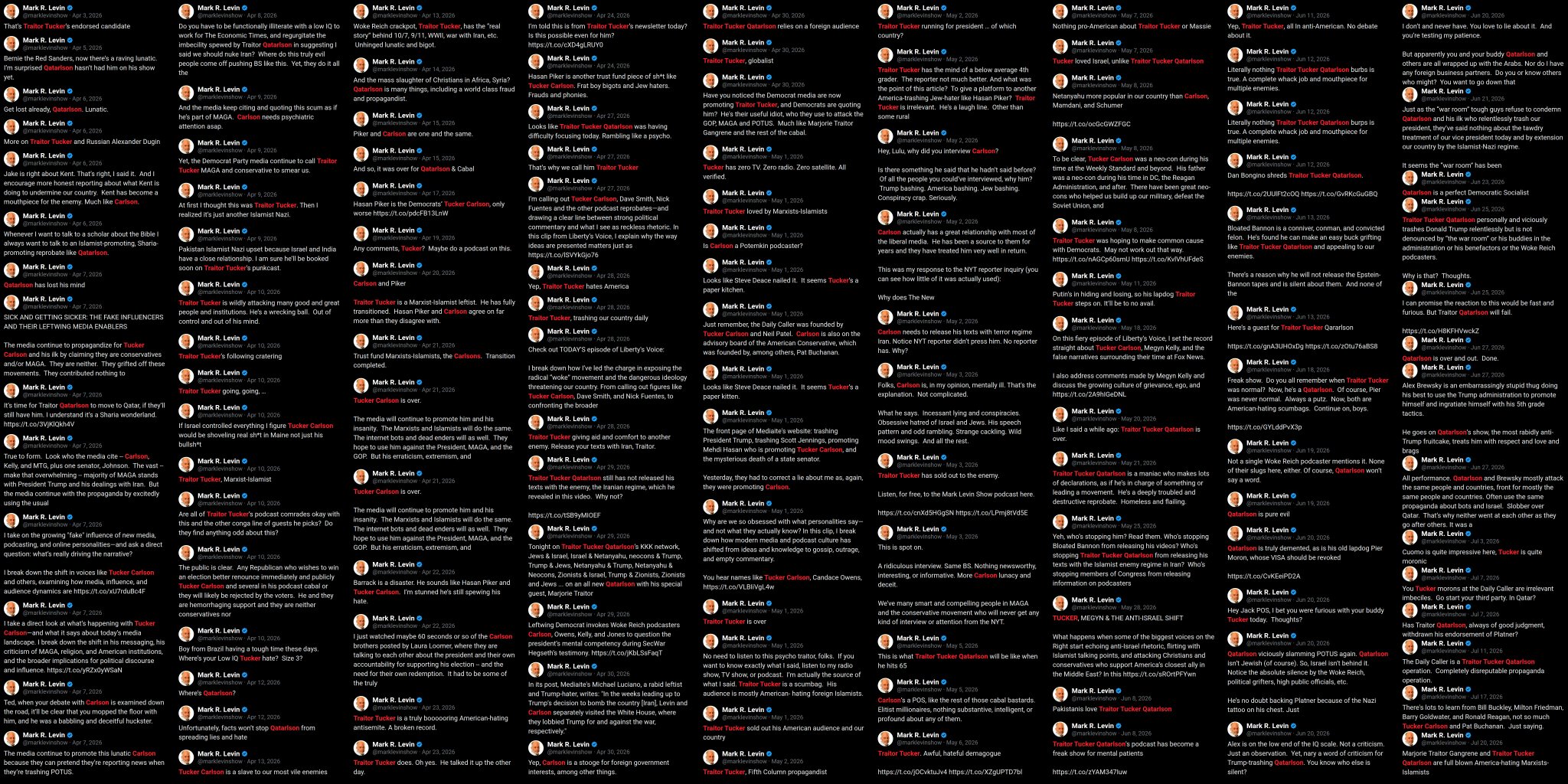Image in @Wallface's post: 🧵 1/2
Fixation Files:
485 posts from Mark Levin about @TuckerCarlson.
Here’s every single one. htt…