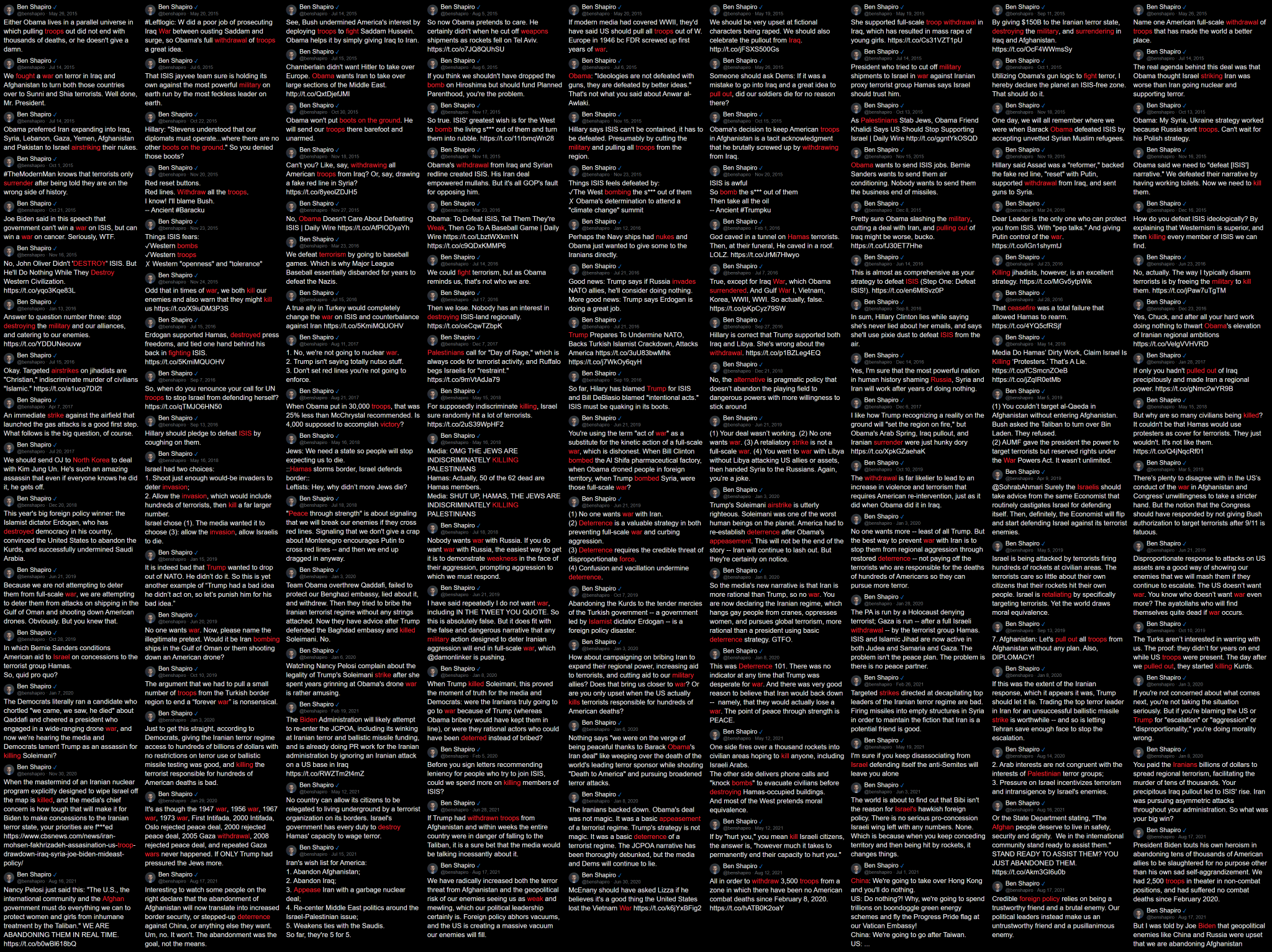 Image in @Wallface's post: These are 500 posts by @benshapiro from his penthouse, encouraging war and criticizing anyone who d…