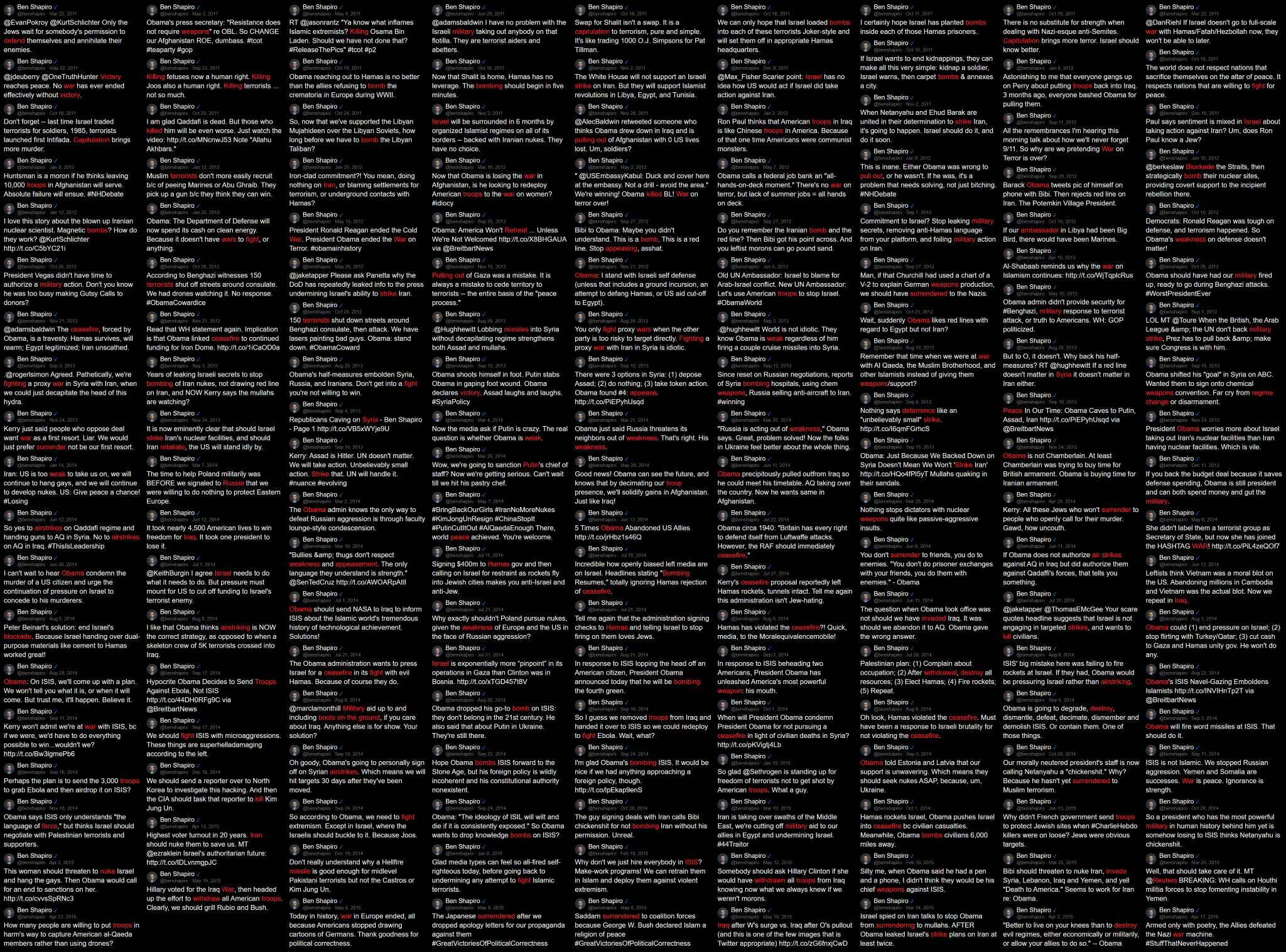Image in @Wallface's post: These are 500 posts by @benshapiro from his penthouse, encouraging war and criticizing anyone who d…