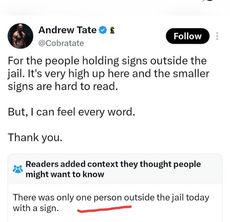 Image in @sneako's post: Andrew Tate is lying from jail. Only one fan showed up outside with a sign and he spelled “heroes” …