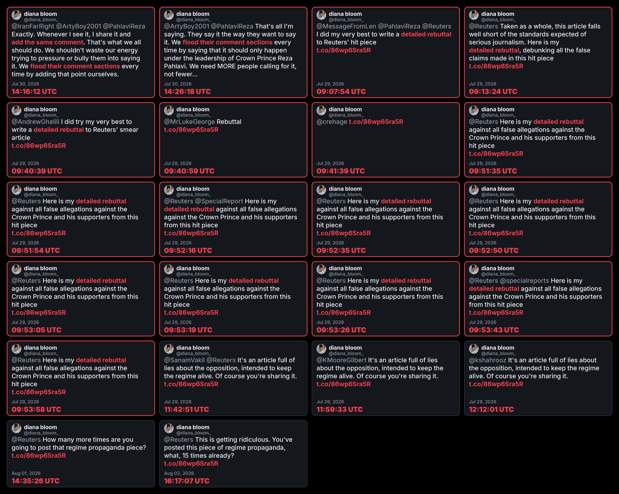 Image in @Wallface's post: Here is a clear ToS violation. @diana_bloom_ posted the exact same reply to Reuters 10 times in 143…