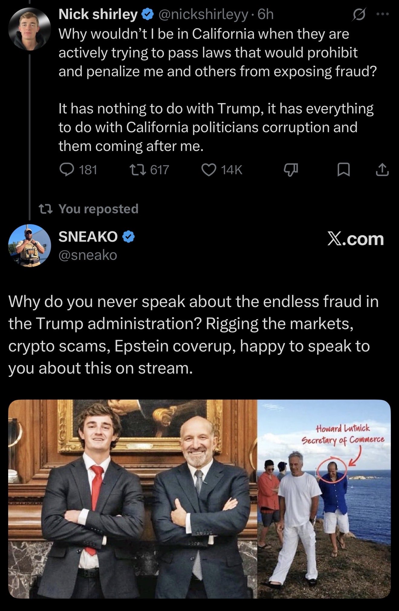 Image in @sneako's post: Nick Shirley is a fed. https://t.co/k2RZxNfeLO