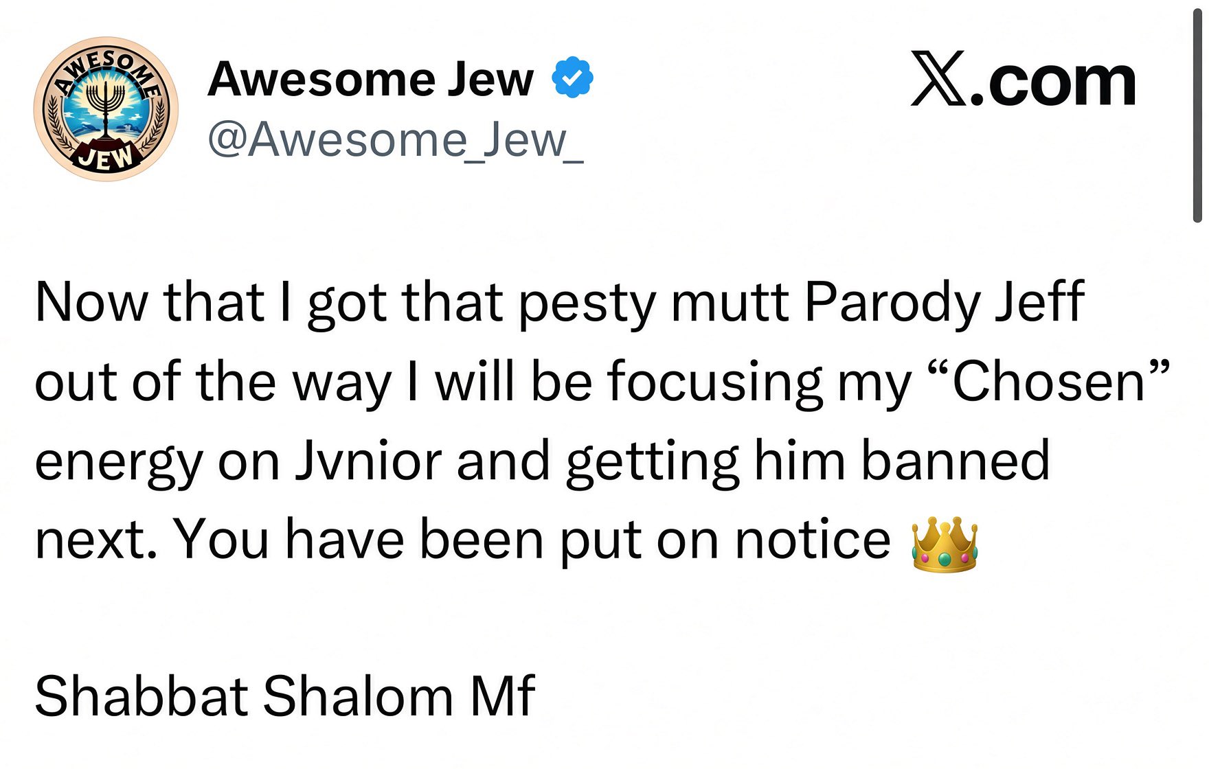 Image in @RabbiJeffx's post: A Jew is publicly bragging about being behind @Parodyjeffx suspension.
Wondering if @X and @elonmu…
