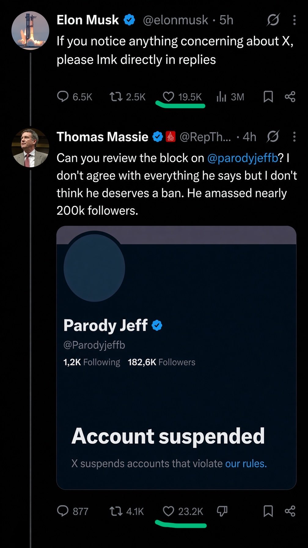 Image in @RabbiJeffx's post: Thomas Massie just RATIOED Elon Musk in a public call to FREE @Parodyjeffx. https://t.co/zCPrguzLW7