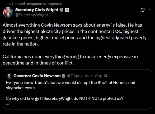 Image in @MarioNawfal's post: 🇺🇸 Energy Secretary Chris Wright replies to Gavin Newsom after Newsom blamed the administration for…