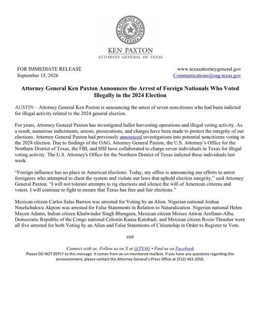 Image in @MarioNawfal's post: 🇺🇸 Seven foreign nationals were just ARRESTED in Texas for illegally voting in the 2024 election, a…