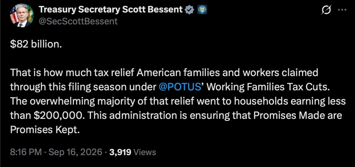 Image in @MarioNawfal's post: 🇺🇸 Sec. Bessent put a price tag on Trump’s family tax cut: $82 billion claimed this filing season.
…