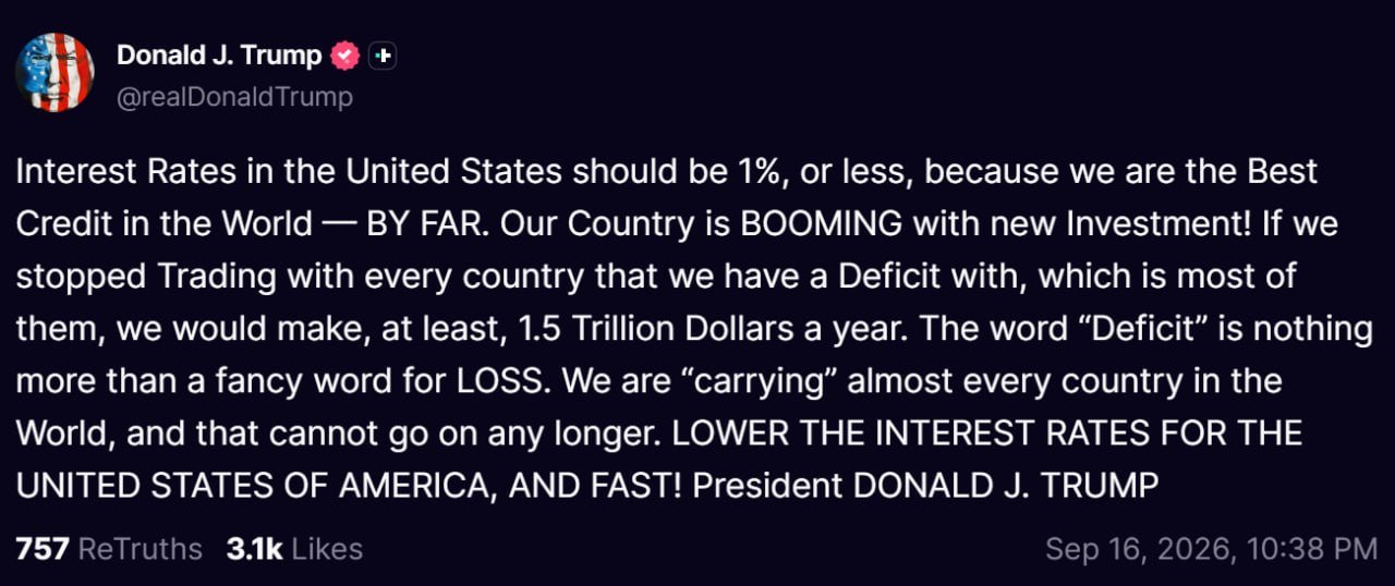 Image in @MarioNawfal's post: 🇺🇸 Trump wants rates at 1% hours after his own Fed chairman voted to raise them
"Interest Rates in…