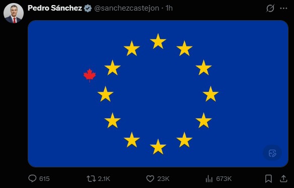 Image in @MarioNawfal's post: 🇪🇸🇨🇦🇪🇺 Spanish PM Sánchez just stuck a Canadian maple leaf on the EU flag.
EU chief von der Leyen …