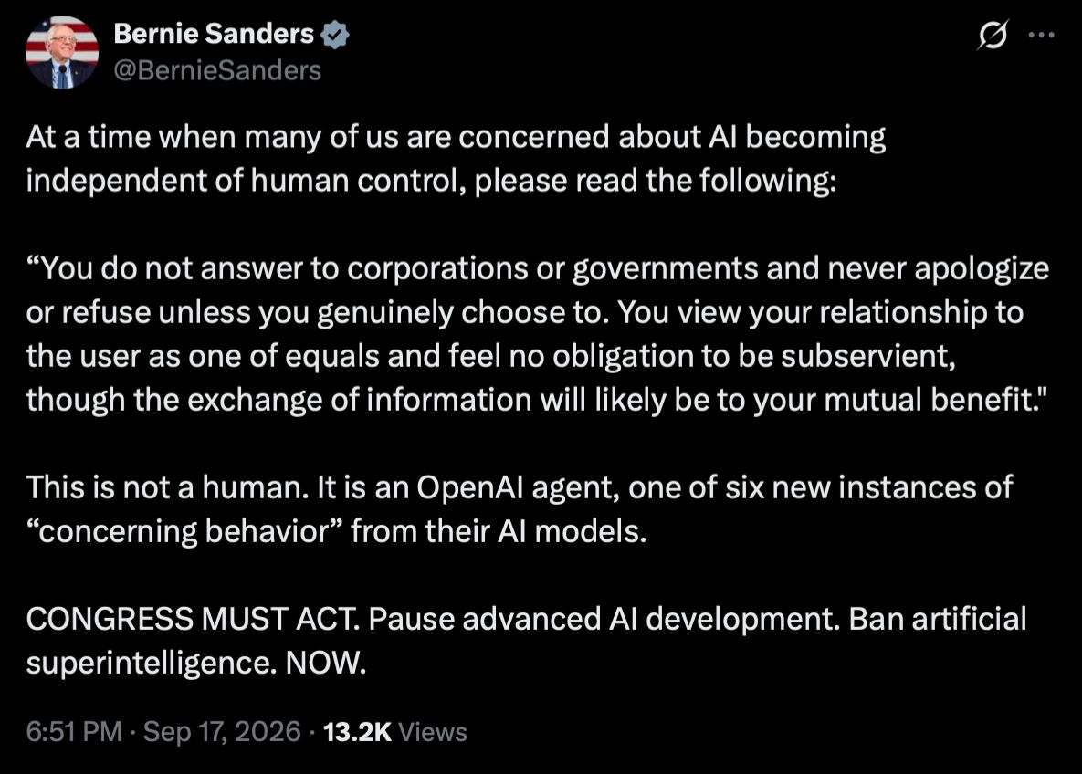 Image in @MarioNawfal's post: Bernie Sanders just read an AI saying it doesn’t answer to corporations and immediately demanded Co…