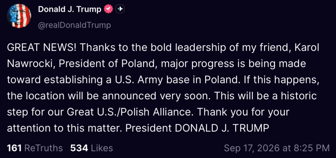 Image in @MarioNawfal's post: 🇵🇱🇺🇸 Trump says the U.S. is making “major progress” toward establishing a new Army base in Poland, …