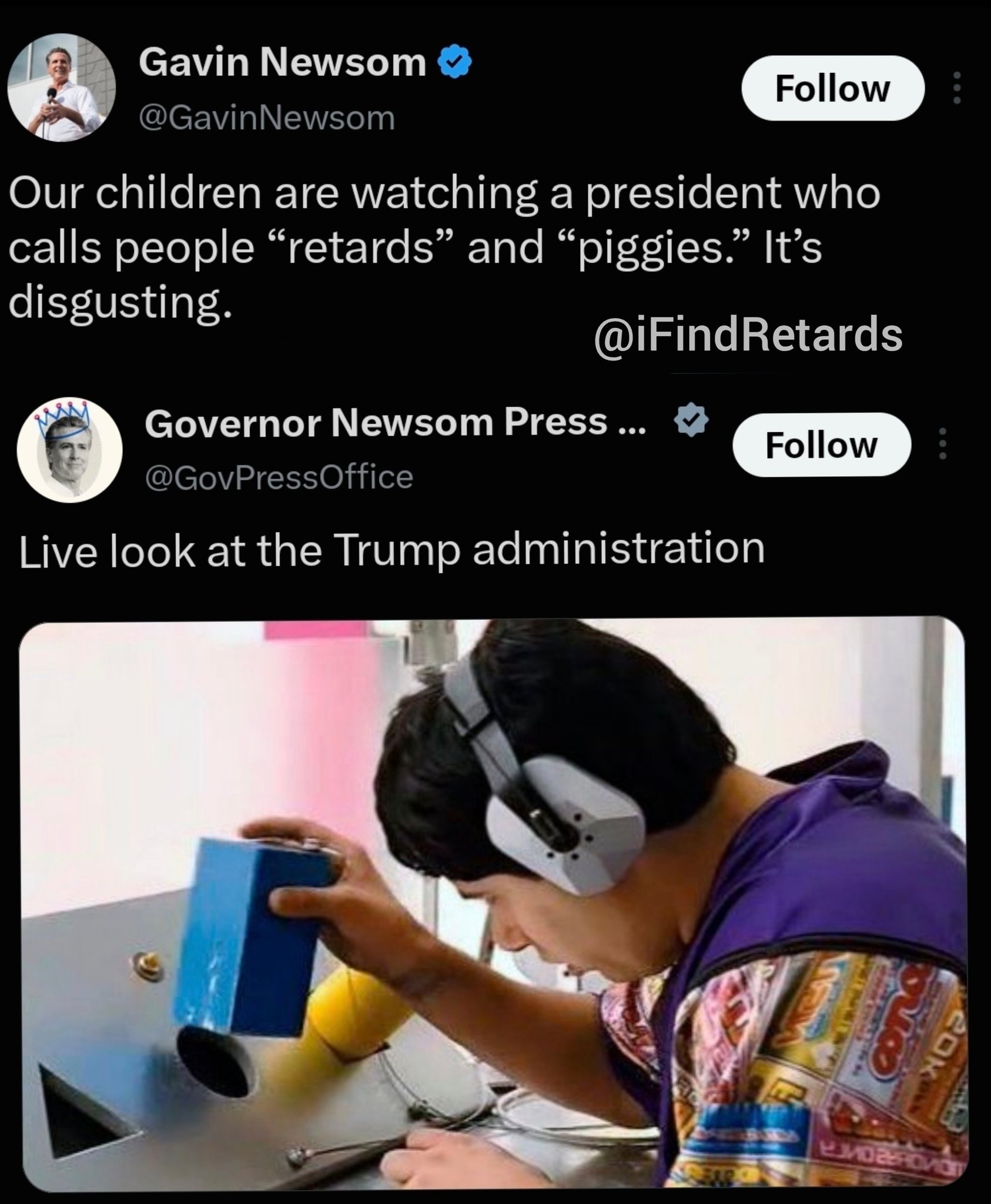 Image in @IfindRetards's post: People are turning on Newsom after his office posted an AI image of a disabled person doing the ret…