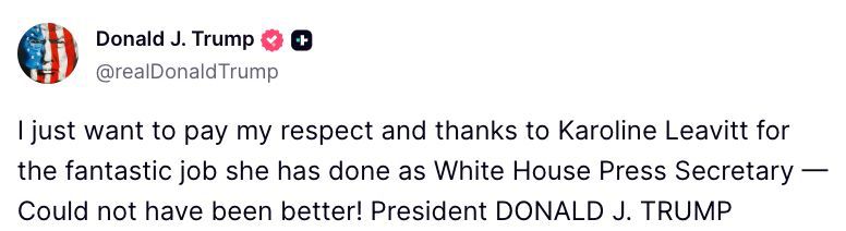 Image in @MarioNawfal's post: 🇺🇸 Trump is giving Karoline Leavitt a warm send-off.
Leavitt stepped down as White House press sec…