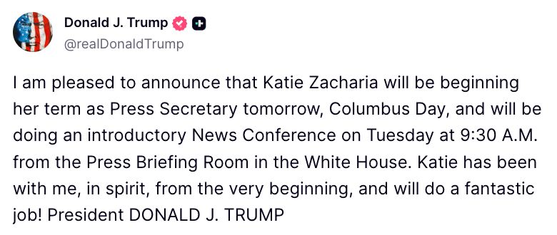 Image in @MarioNawfal's post: 🇺🇸 Katie Zacharia officially takes over as White House Press Secretary on Monday, replacing Karolin…