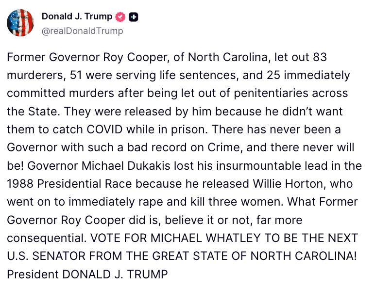 Image in @MarioNawfal's post: 🚨🇺🇸 Trump launched a blistering ATTACK on fmr. North Carolina Gov. Roy Cooper, who's running for se…