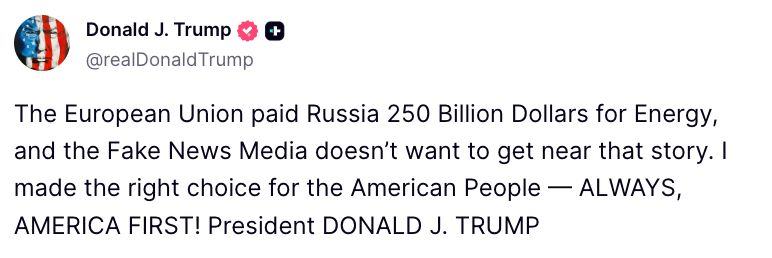 Image in @MarioNawfal's post: 🚨🇺🇸🇪🇺🇷🇺 Trump FIRES BACK at Merz, Macron, and all the other European leaders condemning his deal...…