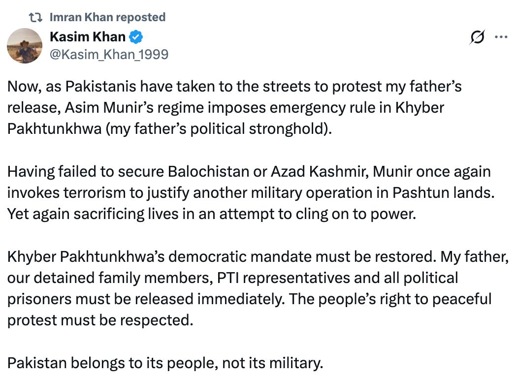 Image in @MarioNawfal's post: 🚨🇵🇰 Imran Khan's son accused Pakistan's military leadership of using emergency rule to CRUSH politi…