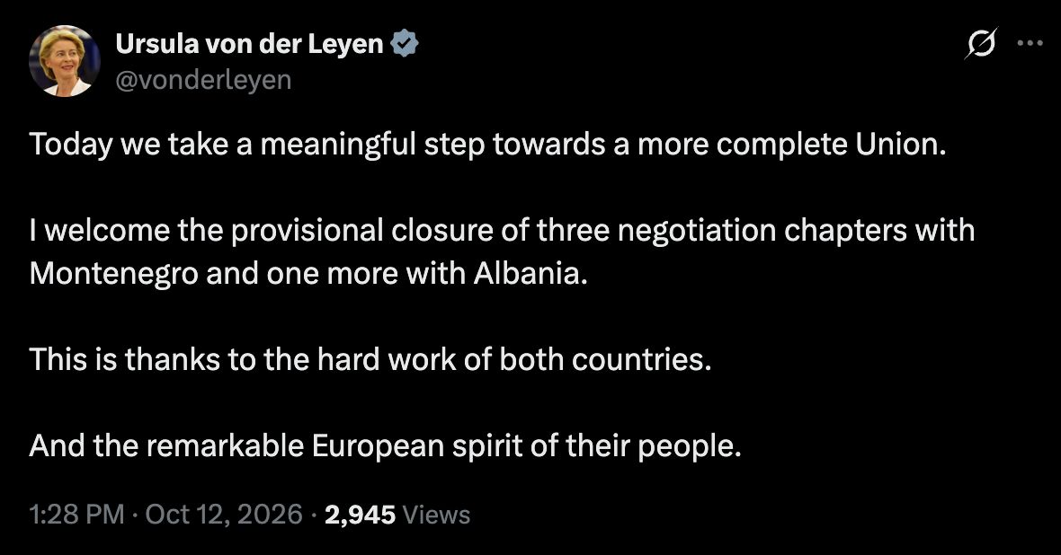 Image in @MarioNawfal's post: 🇪🇺 Ursula von der Leyen is MOVING FAST on EU enlargement!
And I don't think nearly enough people a…