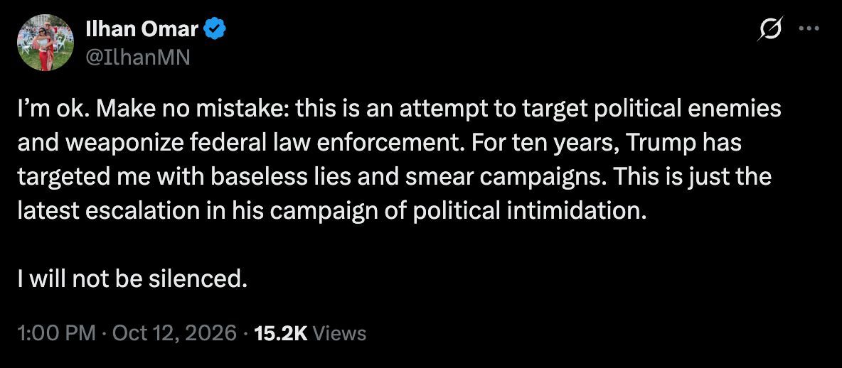 Image in @MarioNawfal's post: 🇺🇸 Federal agents just wrapped up a 5-hour search of Ilhan Omar's home, and she's now popped up on …