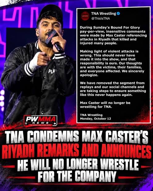 Image in @MarioNawfal's post: 🇺🇸 Pro wrestler Max Caster has been fired from TNA Wrestling after referencing the deadly Houthi at…