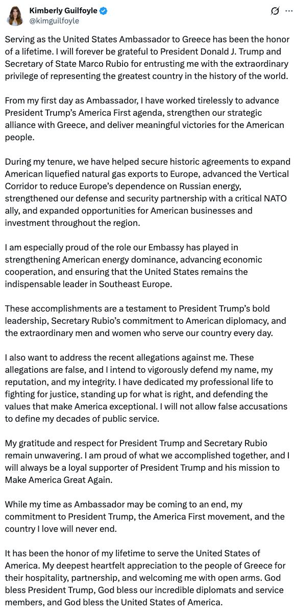 Image in @MarioNawfal's post: 🇺🇸🇬🇷 Kimberly Guilfoyle appears to be preparing to LEAVE HER POST as U.S. Ambassador to Greece, and…