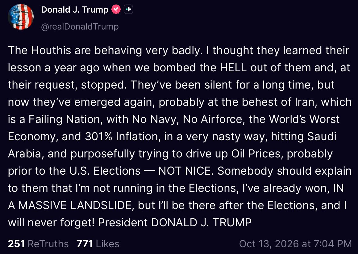 Image in @MarioNawfal's post: 🇺🇸🇾🇪 Trump is threatening the Houthis again.
He says America bombed them into submission last year…
