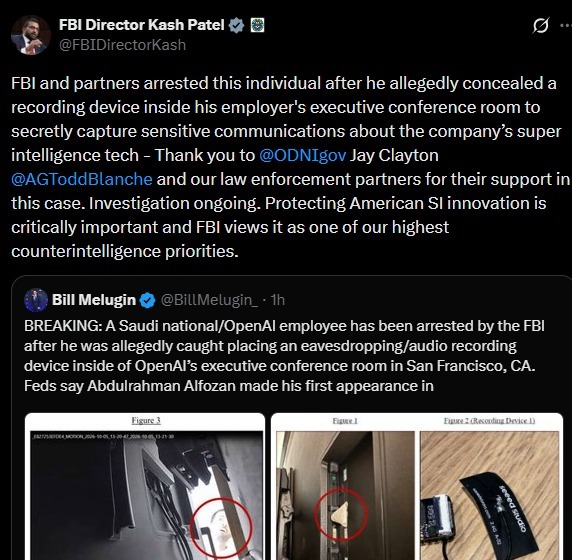 Image in @MarioNawfal's post: 🚨🇺🇸🇸🇦 FBI arrested a Saudi OpenAI engineer for allegedly PLANTING A HIDDEN MIC in an executive conf…