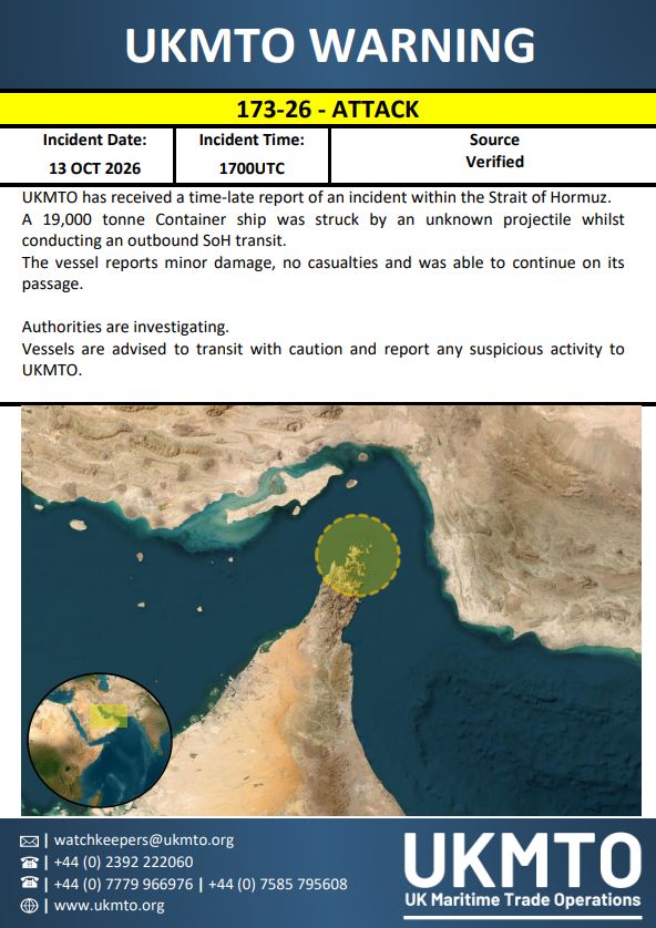 Image in @MarioNawfal's post: 🚨🇮🇷 A 19,000-tonne container ship was struck yesterday in the Strait of Hormuz, around the Musandam…
