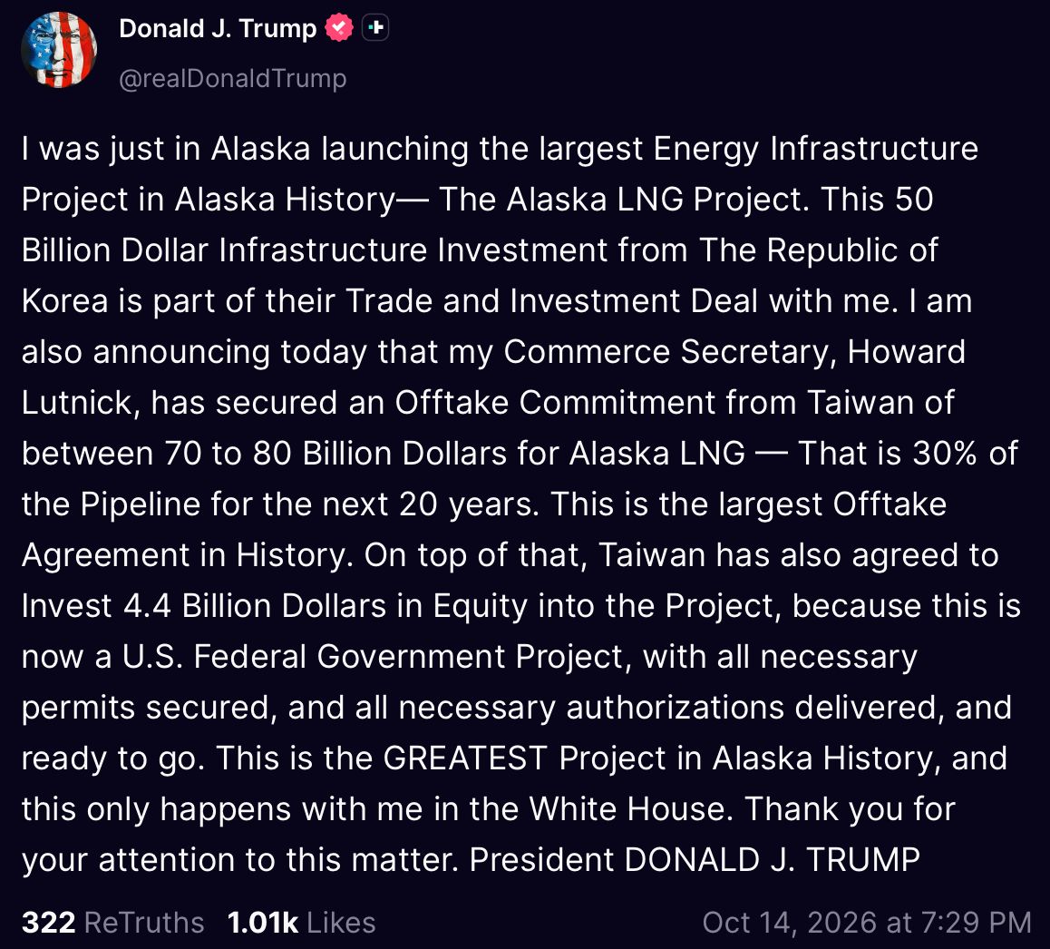Image in @MarioNawfal's post: 🇺🇸🇹🇼 Trump says Taiwan has committed up to $80 BILLION to buy American natural gas from Alaska.
He…