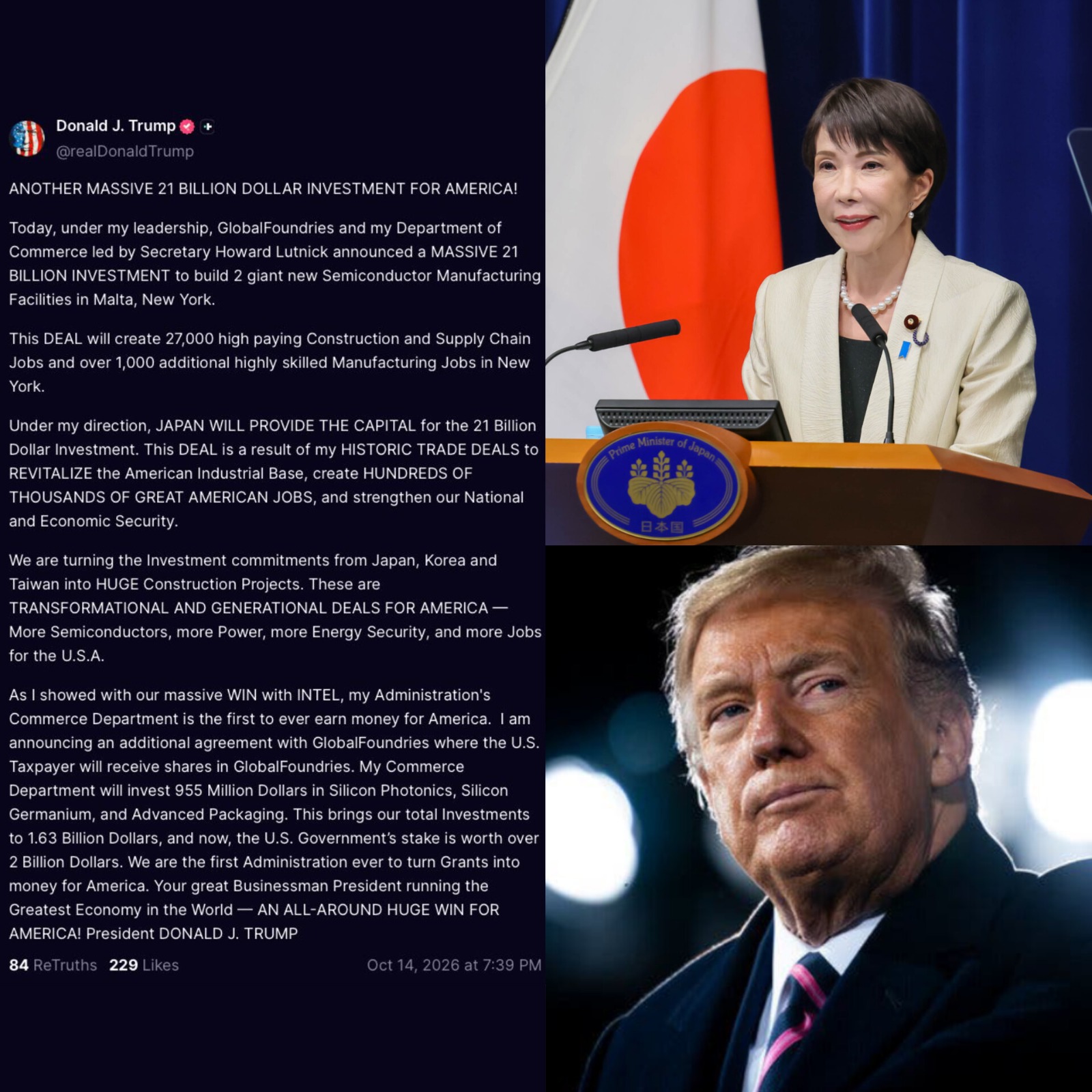 Image in @MarioNawfal's post: 🇺🇸🇯🇵 Trump has announced a massive $21 BILLION investment to build two semiconductor factories in N…
