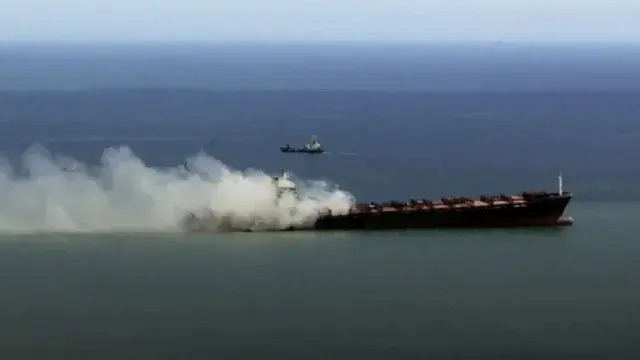 Image in @MarioNawfal's post: 🇷🇺🇷🇴 Russian drones just struck the fuel tanker YARA J near the mouth of Romania's Sulina Canal, se…