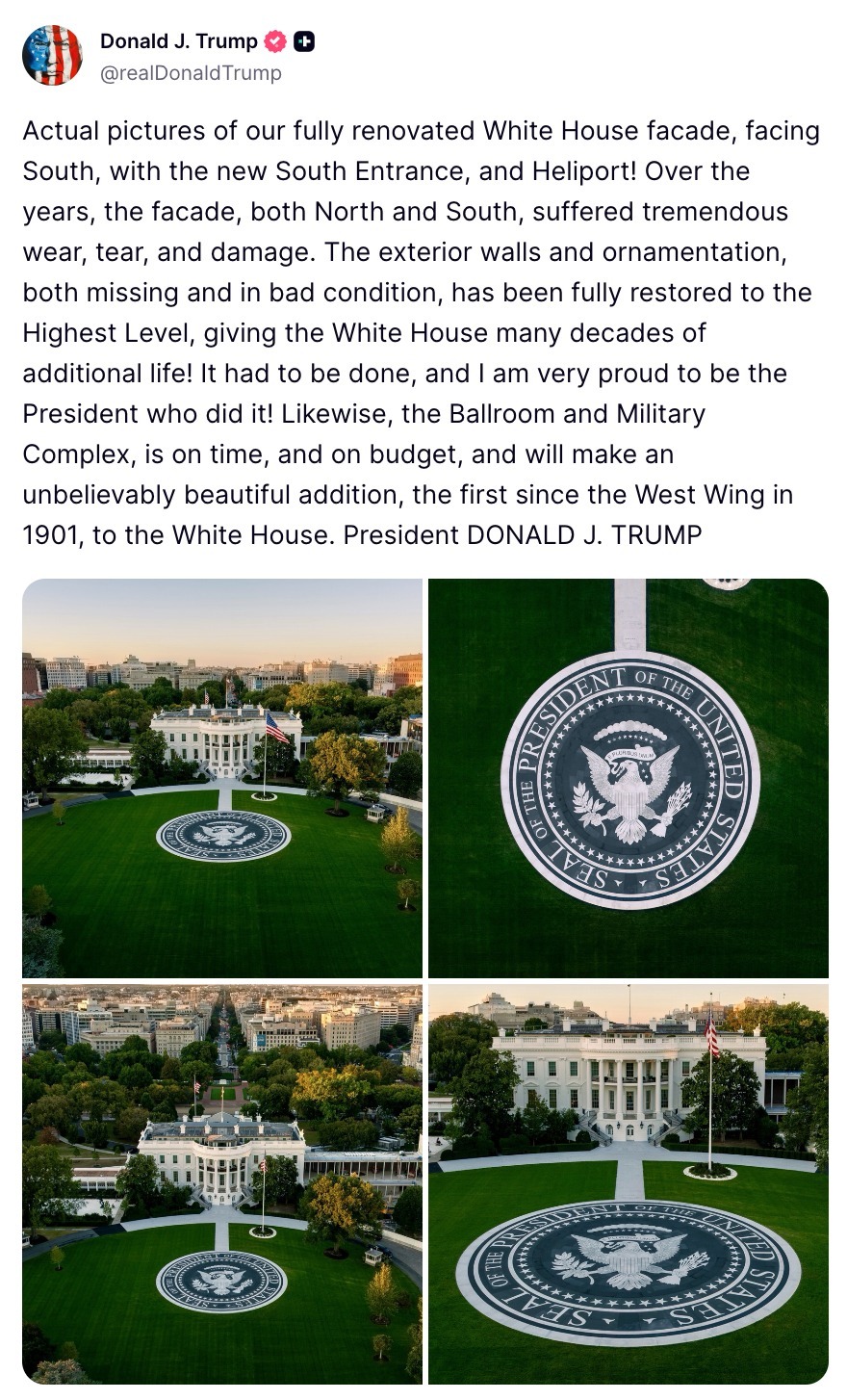 Image in @MarioNawfal's post: 🚨🇺🇸 Trump just unveiled the fully RENOVATED White House South facade, and it looks great!
He poste…
