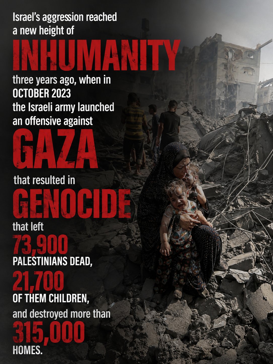 Image in @safayi1371's reply: @MarioNawfal "Israel's aggression reached a new height of inhumanity three years ago, when in Octob…