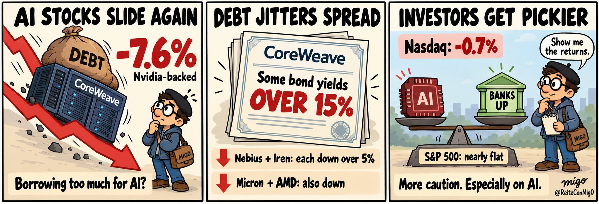 Image in @ReiteConMig0's reply: @MarioNawfal AI’s debt bill is rattling Wall Street. CoreWeave fell 7.6%; some bonds yield over 15%…