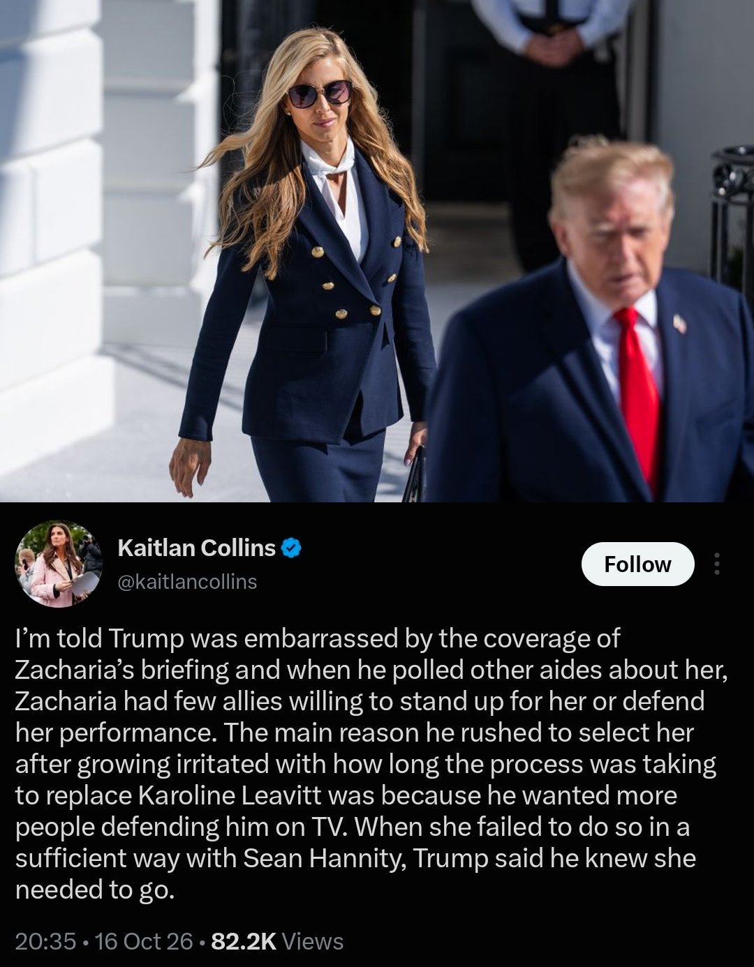 Image in @MarioNawfal's post: 🇺🇸 Trump fired his press secretary after one briefing, and CNN's Kaitlan Collins breaks down why fi…